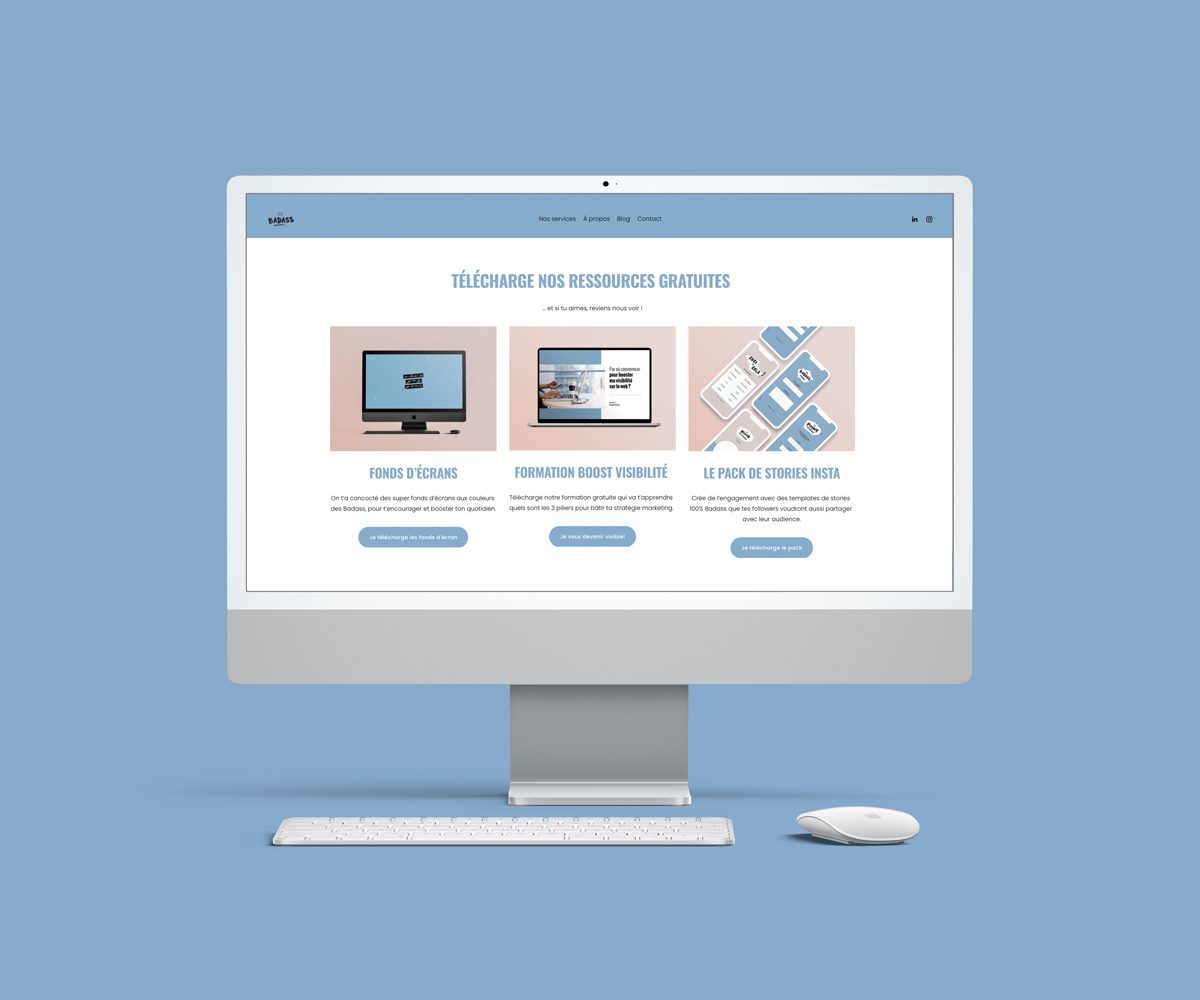 mockup-site-les-badass-2 Mockup du site web des Badass. Ici : la page d'accueil avec les différentes ressources gratuites