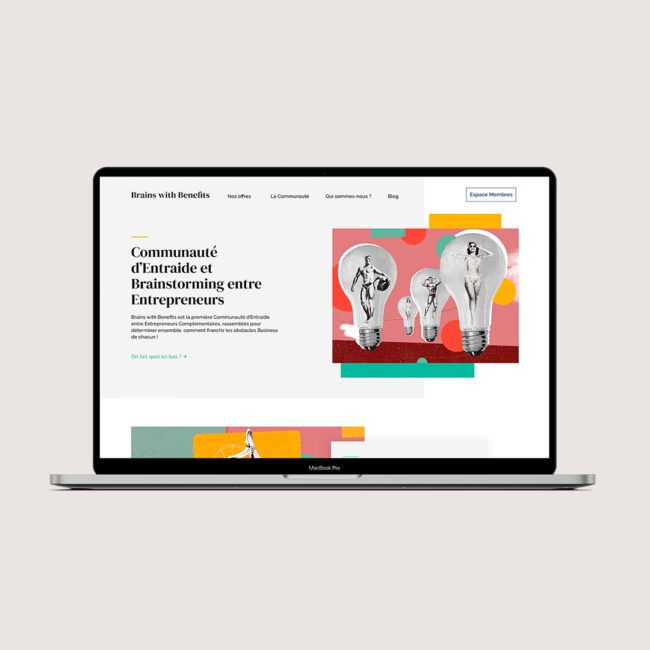 Mockup du design du site web de Brains with Benefits version desktop sur MacBook Pro